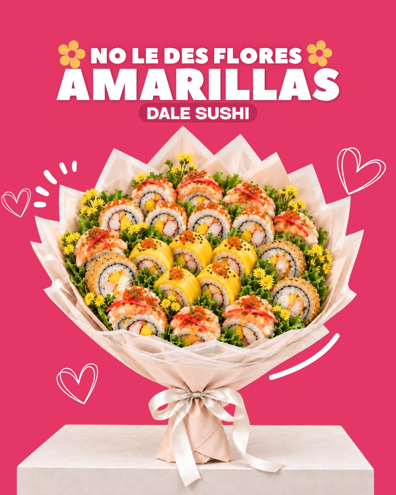 Publicación de Hanashi: un ramo de sushi sobre fondo rosa
