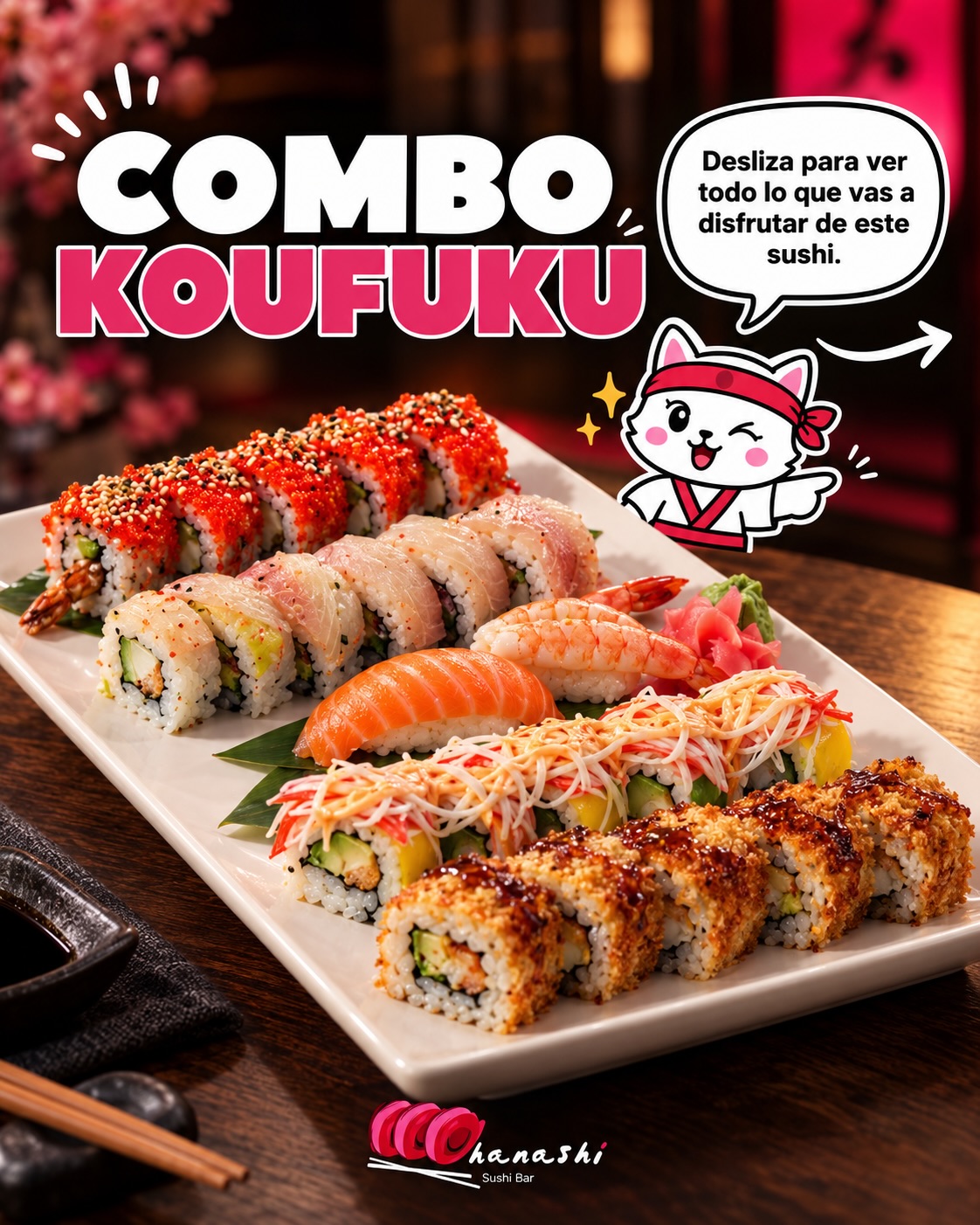 Diseño de Nova para Hanashi Sushibar: Combo Koufuku con sushi, nigiris y una ilustración de un gato.