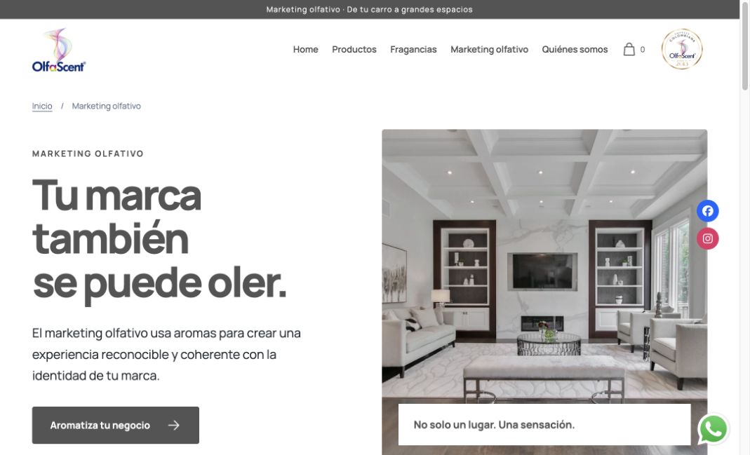 Página de marketing olfativo de OlfaScent con solicitud de asesoría